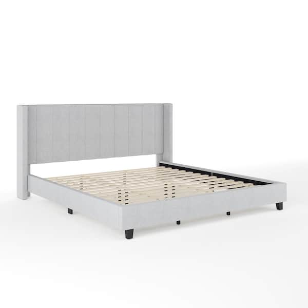 MARTHA STEWART Kay Gray Wood Frame King Platform Bed with Upholstered Solid Wood