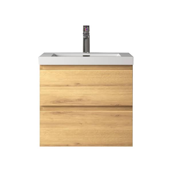 Angela 24 in. Single A. Oak Bath Vanity Wall-Mounted Floating Vanities with Gloss White Resin Stone Top 2-Drawers