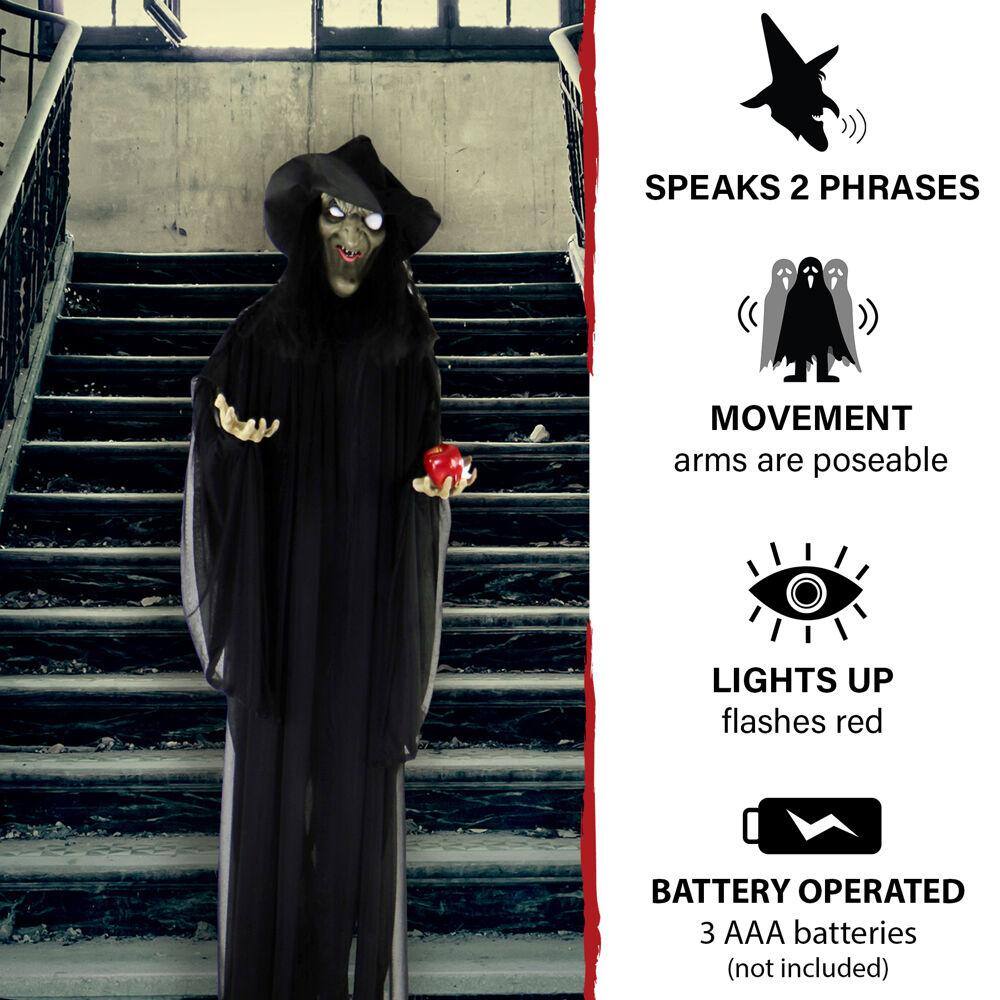 Life-Size Black Polyester Witch Animatronic with Red Apple