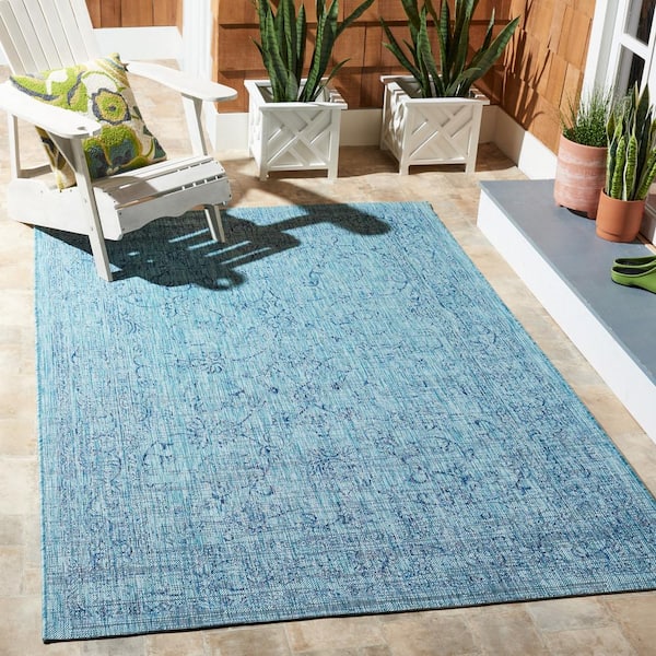 Courtyard Aqua/Navy 8 ft. x 10 ft. Border Floral Scroll Indoor/Outdoor Patio  Area Rug