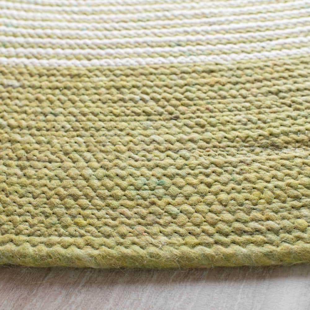 Ivory and Green Braided Wool 3' Round Handmade Rug