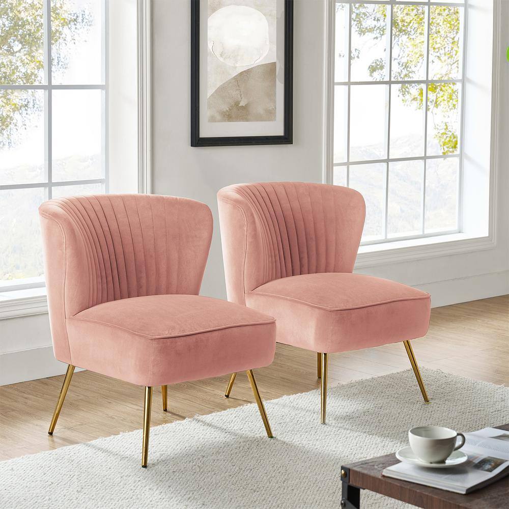 Pink Velvet Barrel Accent Chairs with Gold Legs, Set of 2