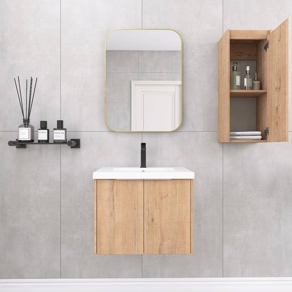 24 in Wall-Mounted Bathroom Vanity with Resin Sink and Side Cabinet – Imitative Oak Unassembled price history on PriceWatchPro
