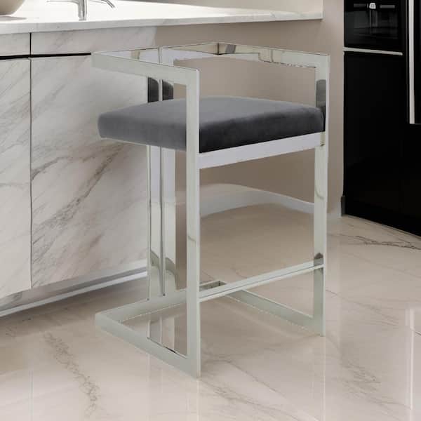 Benjara 29.5 in. Gray and Silver Low Back Metal Frame Bar Stool with Velvet Seat