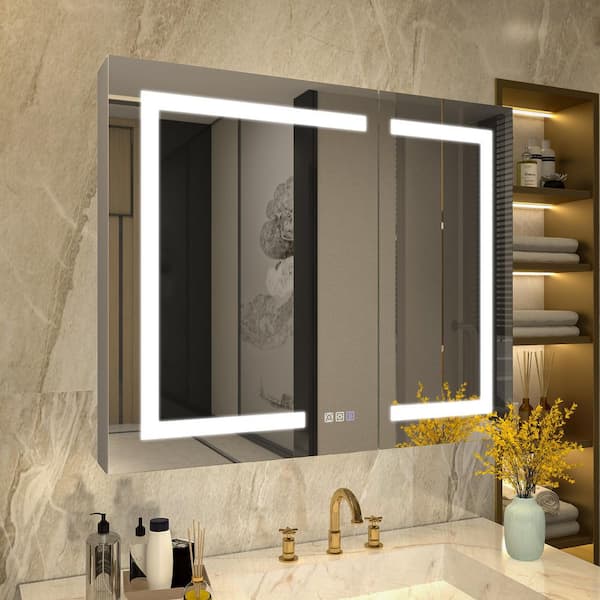 GroGro 36 in. W x 30 in. H Rectangular Silver Aluminum Recessed/Surface Mount Medicine Cabinet with Mirror and LED