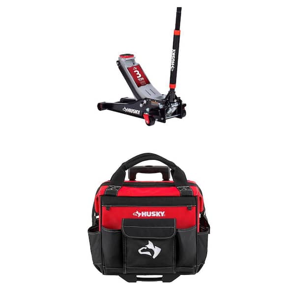 3-Ton Low Profile Floor Jack with Quick Lift and 14 in. 13 Pocket Rolling Tool Bag Combo