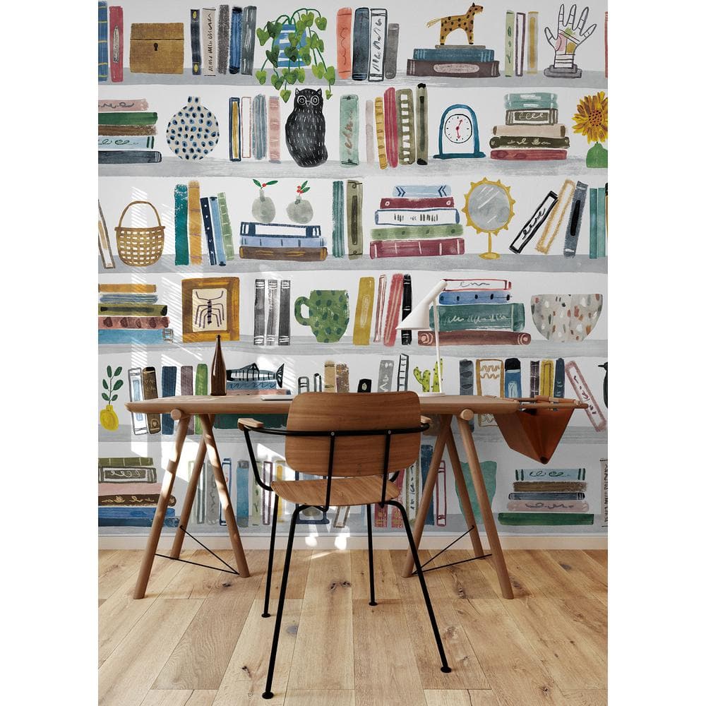 Colorful Pink and Yellow Bookshelf Peel and Stick Wall Mural