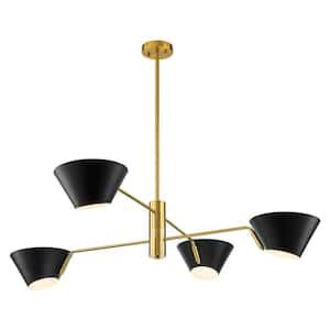 Ally 4-Light Black with Gold Mid Century Linear Sputnik Tiered Chandelier with Black Cone Shades