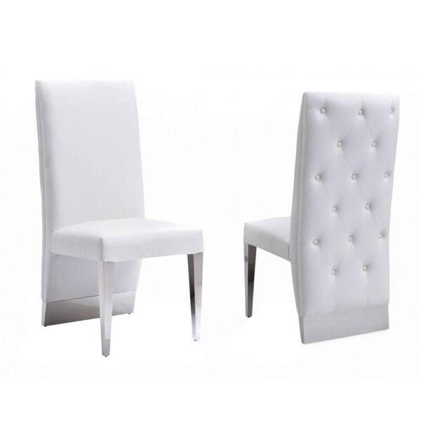 Benjara White Vegan Faux Leather Button Tufted Back Dining Chair