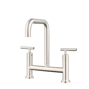 Double-Handle Bridge No Sensor Kitchen Faucet with 360-Degree Swivel Spout Modern Kitchen Sink Faucet in Brushed Nickel
