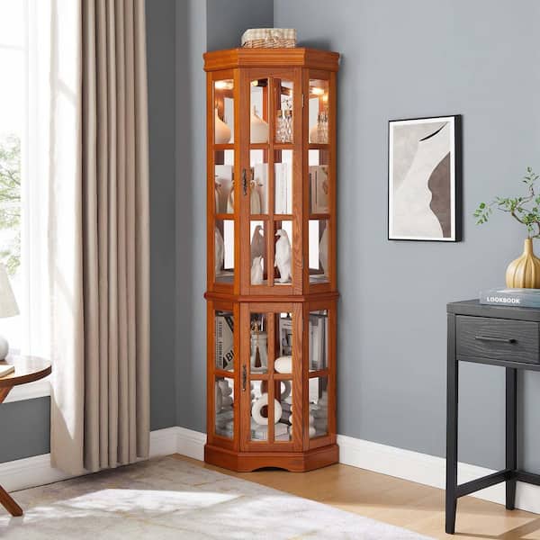 18 in. W x 23 in. D x 71 in. H Brown Linen Cabinet, Curio Cabinet Lighted with Shelves, Oak Color Corner Curio Cabinet