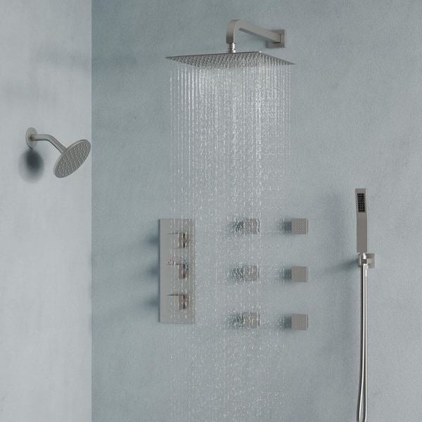 Thermostatic 8-Spray 12 and 6 in. Wall Mount Dual Shower Head Fixed and Handheld Shower Head 2.5 GPM, Brushed Nickel