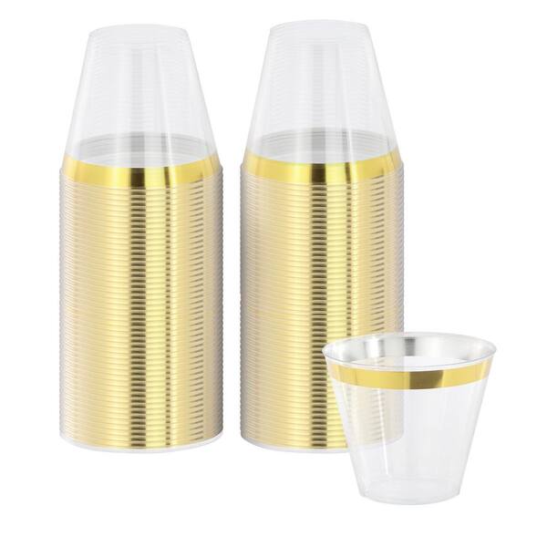 100 Piece 9 Ounce Disposable Plastic Gold Rimmed Party Cup Set