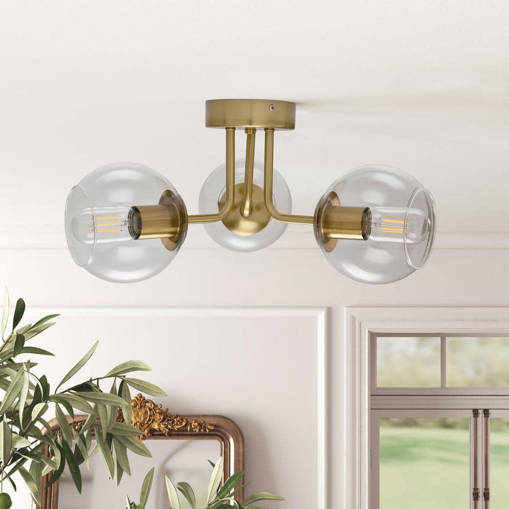 18.11 in. 3-Lights Gold Modern Industrial Semi-Flush Mount Light with Globe