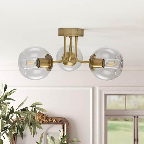 GoYeel 18.11 in. 3-Lights Gold Modern Industrial Semi-Flush Mount Light with Globe Clear Glass Shade