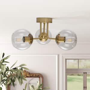 18.11 in. 3-Lights Gold Modern Industrial Semi-Flush Mount Light with Globe Clear Glass Shade