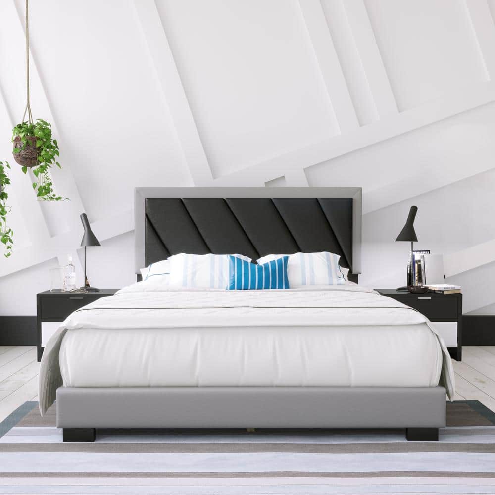 Modern Full Double Tufted Faux Leather Upholstered Platform Bed with Slats