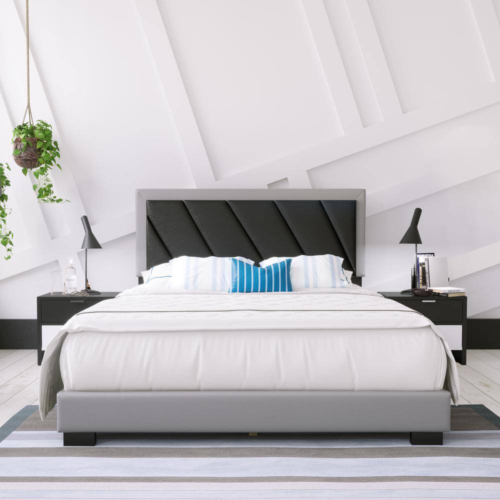 Saradan Two-Tone Black and Grey King Platform Bed with Tufted Faux Leather
