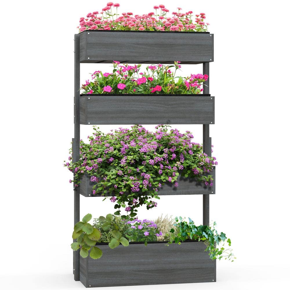 Vertical Garden Planter, 4-Tier Wooden Planter Box, Gray, Self-Draining wit