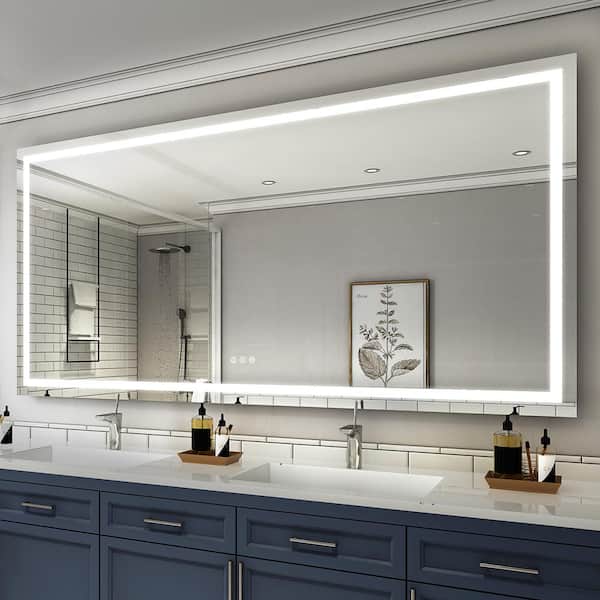 WELLFOR ALINA 84 in. W x 42 in. H Rectangular Frameless LED Light Anti-Fog Dimmable Wall Bathroom Vanity Mirror in Aluminum
