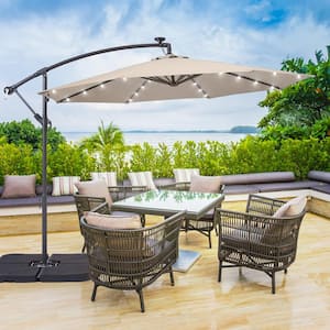10 ft. Patio Offset Solar LED Umbrellas 50 Plus UV Protection Cantilever Outside Umbrellas, Beige