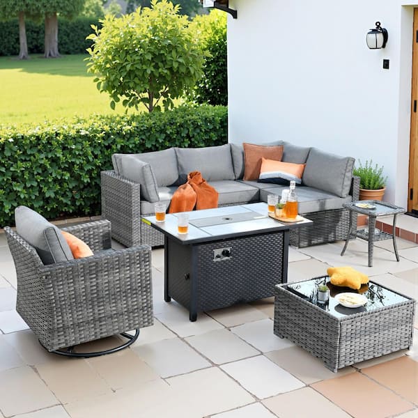 HOOOWOOO Messi Gray 8-Piece Wicker Outdoor Patio Conversation Sofa Fire Pit Set with a Swivel Chair and Dark Gray Cushions