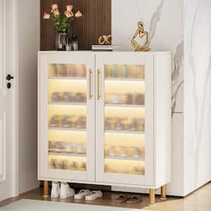 39.4 in. H x 31.5 in. W White Shoe Storage Cabinet with Doors and Light, 5-Tier Shoe Rack with Adjustable Shelves
