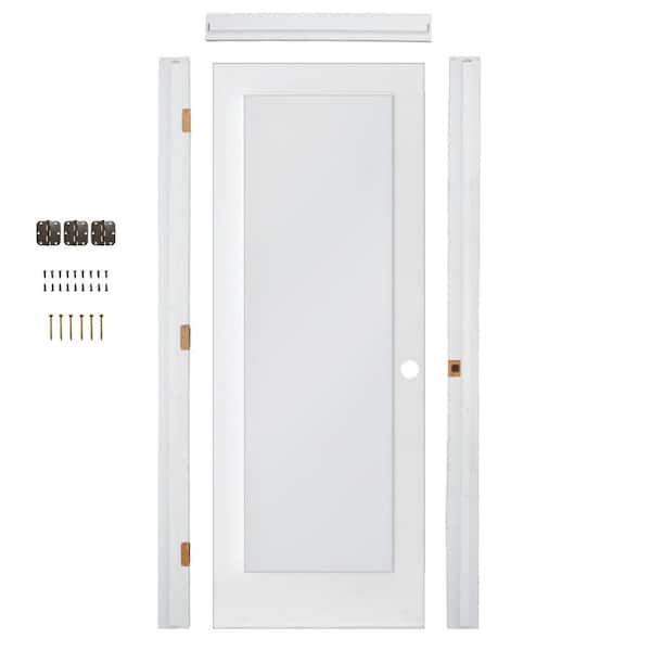 30in. x80in. 1-Lite Left-Hand Frosted Glass MDF Primed Single Assembly Required Interior Door Kit w/ Quick Assemble Jamb