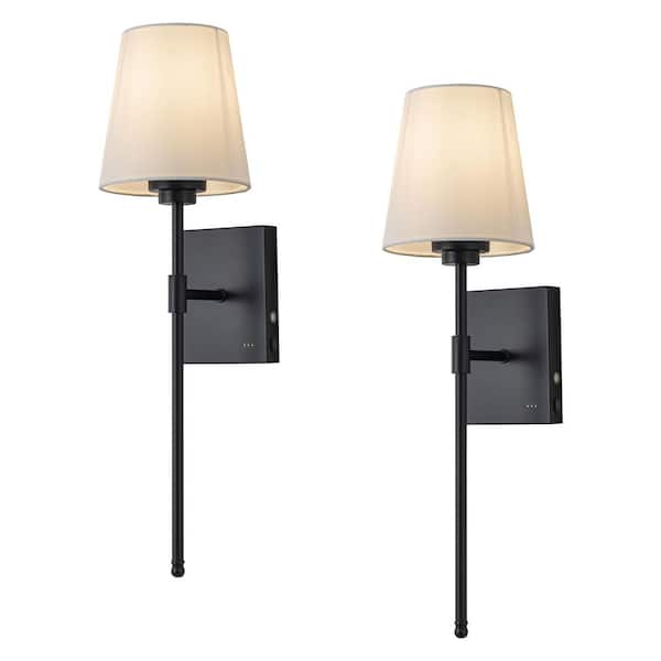 6.25 in. 1-Light Rechargeable Dimmable Black Wall Sconce with Fabric Shade and LED bulb Included (2-Pack)