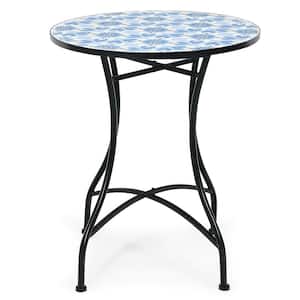 Blue Round Metal 28 in. Mosaic Outdoor Bistro Table with Floral Pattern
