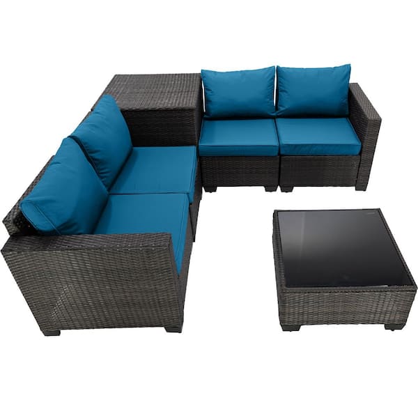 Sudzendf Brown 4-Piece Wicker Outdoor Patio Conversation Set with Storage Box, Glass Top Table and Peacock Blue Cushions