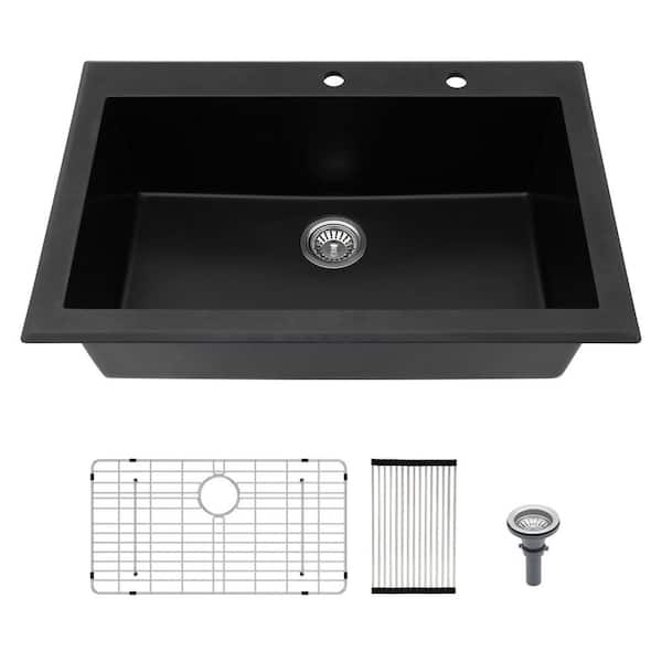 33 in. x 22 in. Matte Black Topmount Single Bowl Granite/Quartz Composite Drop-In Kitchen Sink with Bottom Grids