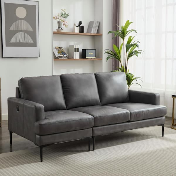 Harper & Bright Designs 77 in. W Straight Arm Genuine Leather Rectangle Sofa in Antique Gray with USB Chargers