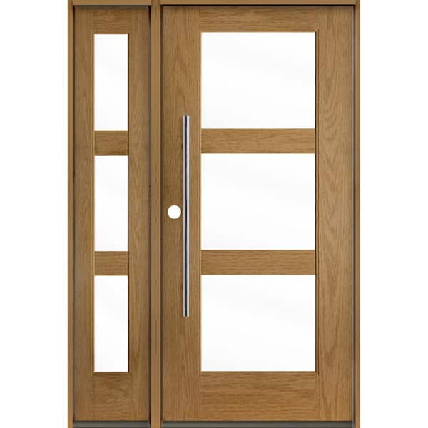 Krosswood Doors Modern Faux Pivot 50 in. x 80 in. 3-Lite Right-Hand/Inswing Clear Glass Bourbon Stain Fiberglass Prehung Front Door wLSL