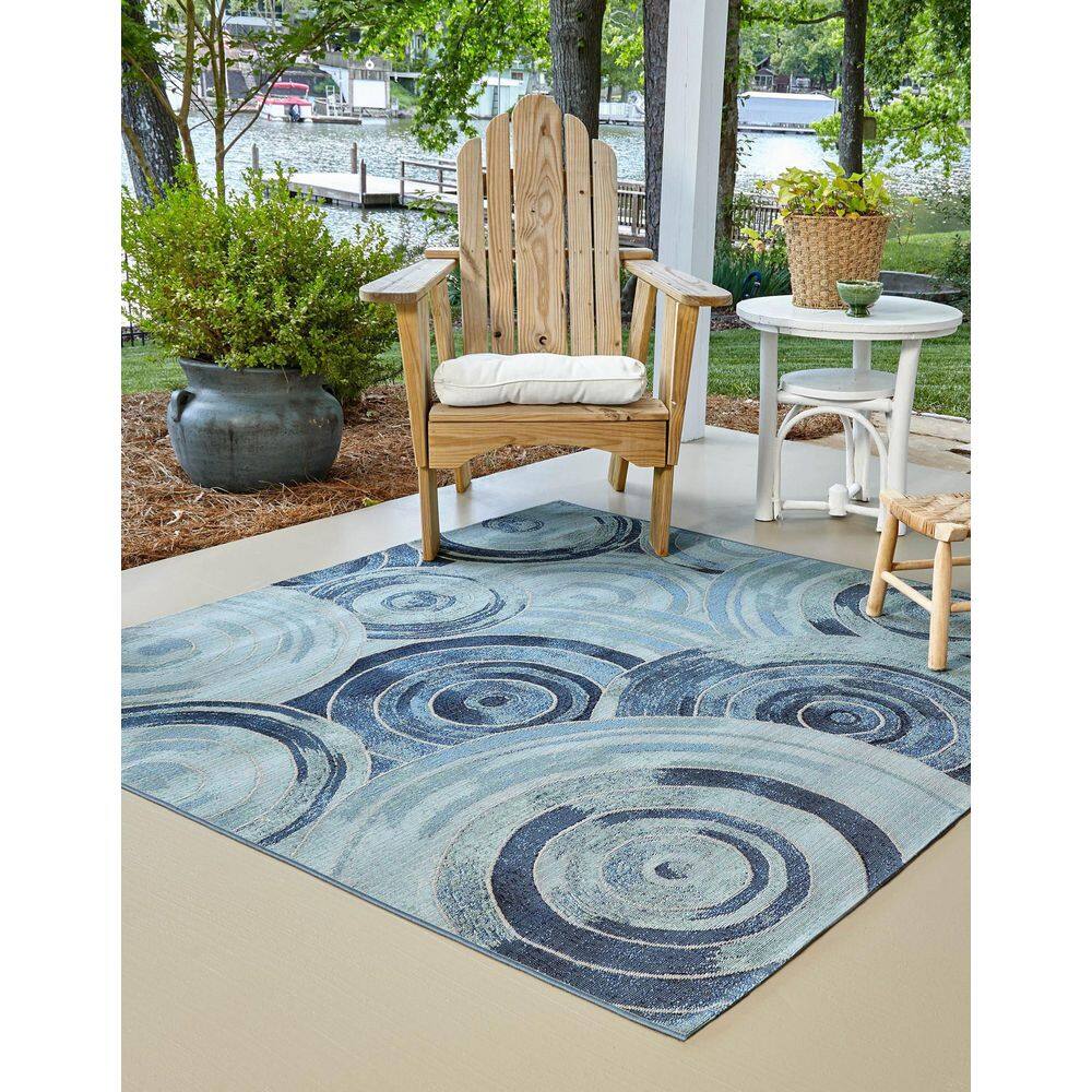 Light Blue Square Synthetic Outdoor Area Rug, 6' x 6'