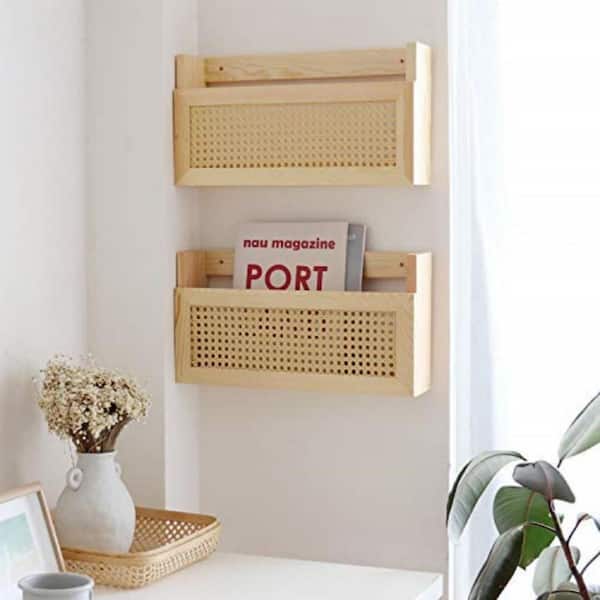 Natural Weave Brown 17. 3 in. x 9. 4 in. Wood and PE Rattan Wall Magazine Rack
