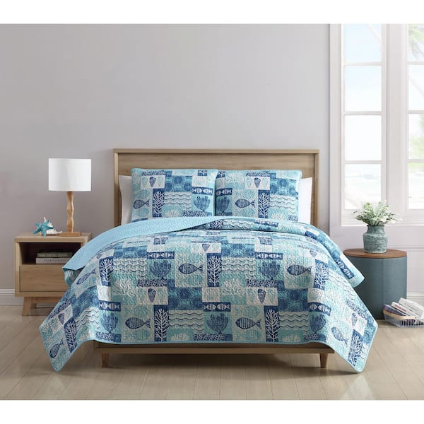 Patchwork 3-Piece Blue Sealife Pinsonic Microfiber Quilt Set