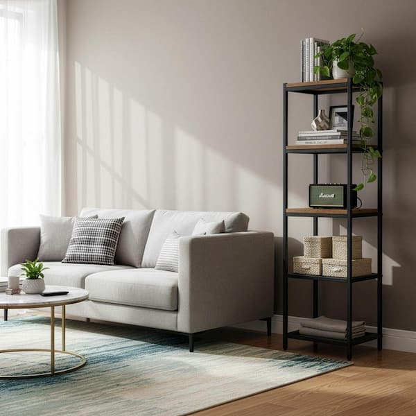 Glamour Home Ailis 57 in. Brown Pine Wood Metal Frame Etagere Bookcase Shelf Media Center GHDSV-1159