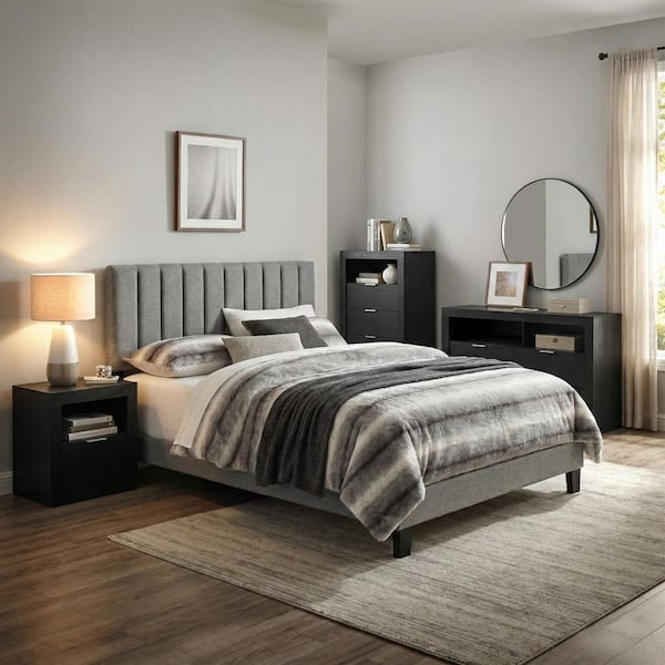 dresser to match grey upholstered bed How can I decorate this room with a grey upholstered bed frame and blue dresser? : r/DesignMyRoom