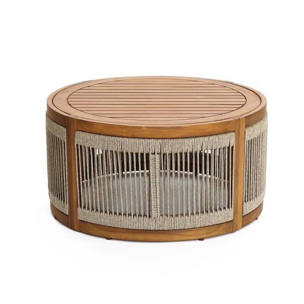 LuxenHome 31.1 in. Wood Rope Sides Round Outdoor Coffee Table