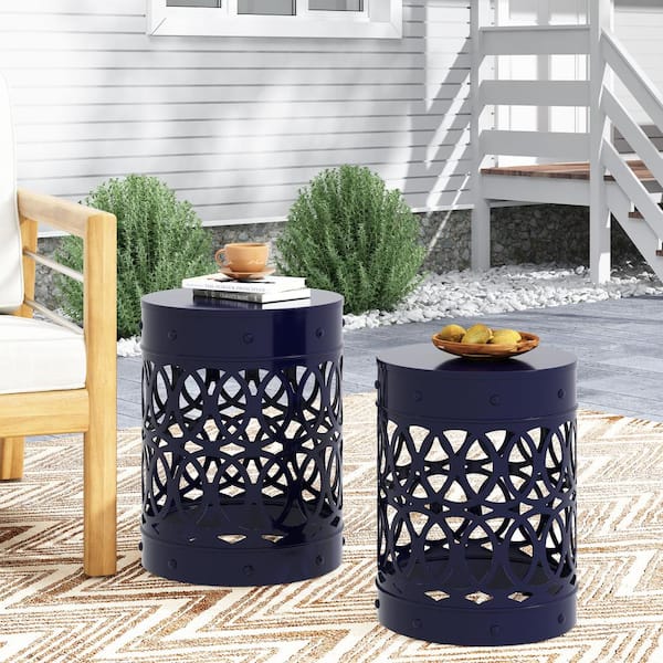 Harper & Bright Designs Navy Blue Iron Outdoor Side Table with Cut Design, No Assembly Required, Set-2