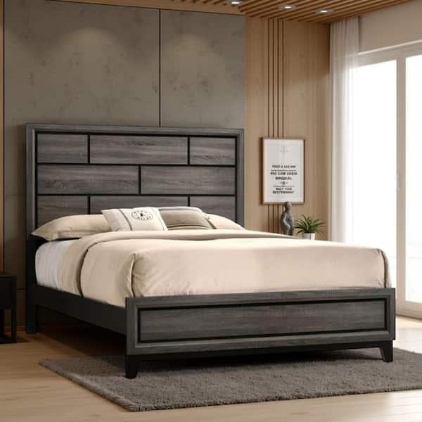 Mazie Gray and Black Wood Frame King Panel Bed with Tapered Legs and Heardboard