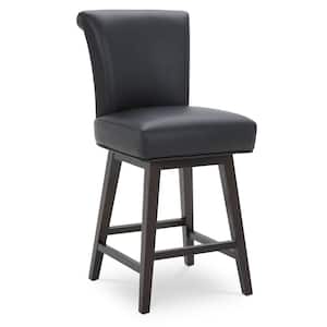 Dennis 26 in. Black High Back Solid Wood Frame Swivel Counter Height Bar Stool with Faux Leather Seat