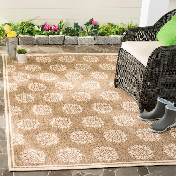 Beach House Beige/Cream 7 ft. x 7 ft. Square Geometric Indoor/Outdoor Patio  Area Rug