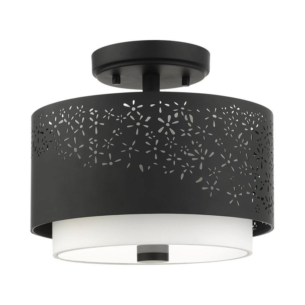 Black Steel Drum Semi-Flush Mount with Laser Cut Shade