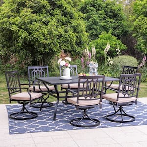 7-Piece Black Metal Outdoor Patio Dining Set with Slat Table and Fashion Swivel Chairs with Beige Cushions