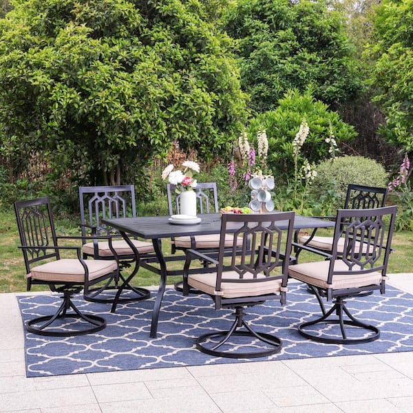 PHI VILLA 7-Piece Black Metal Outdoor Patio Dining Set with Slat Table and Fashion Swivel Chairs with Beige Cushions