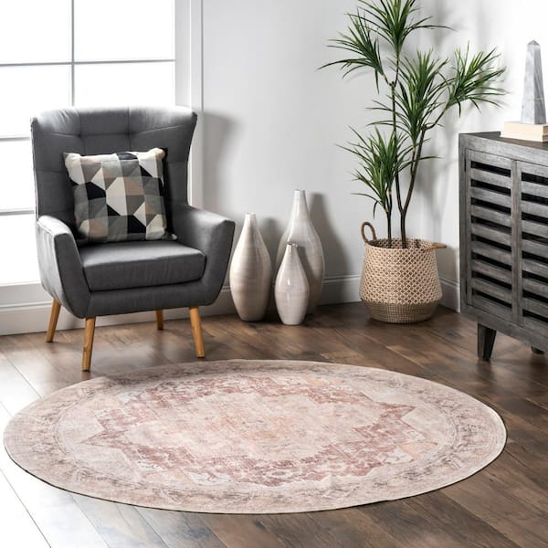 Rosa Machine Washable Light Pink 8 ft. Distressed Vintage Medallion Round Traditional Area Rug