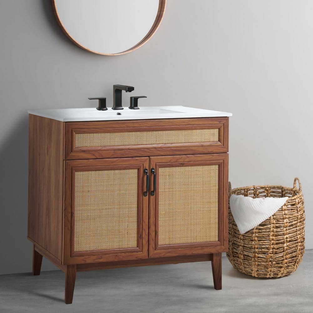 Javer 36" Walnut Rattan Modern Farmhouse Bathroom Vanity Cabinet