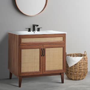 Javer 36 in. W. x 18 in. D x 33 in. H Rattan 2-Shelf Bath Vanity Cabinet without Top (Sink Basin not Included), Walnut